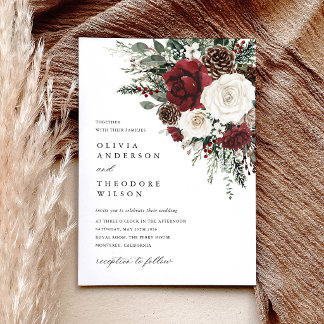 Burgundy Winter Floral Elegant Wedding Invitation