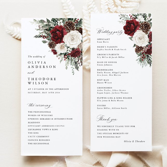 Burgundy Winter Floral Wedding Ceremony Program (Burgundy winter floral wedding program card, pinecone ceremony program, elegant wedding party)