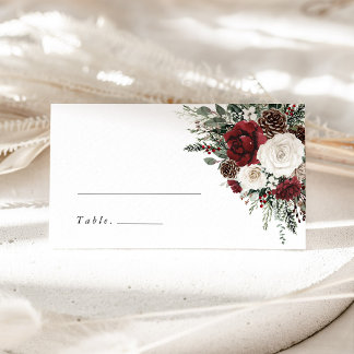 Burgundy Winter Floral Wedding Name Place Card