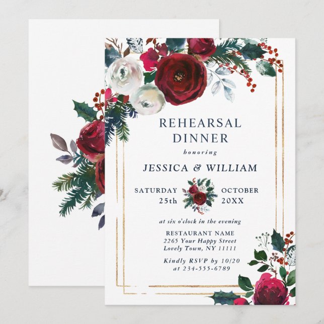 Burgundy Winter Roses Foliage REHEARSAL DINNER Invitation (Front/Back)