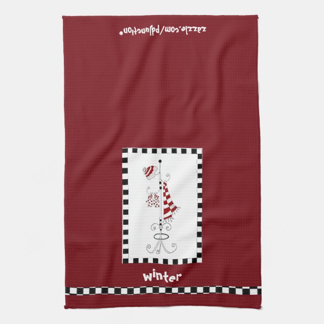 Burgundy Winter Scene Kitchen Towel (Vertical)