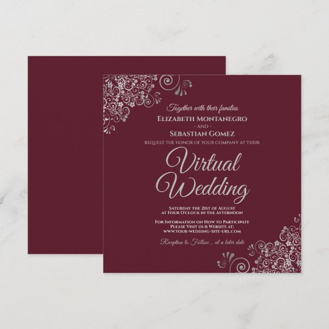 Burgundy with Lacy Silver Elegant Virtual Wedding Invitation (Front/Back)