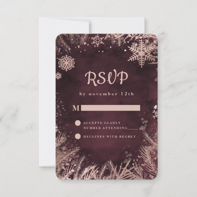 Burgundy with Rose Gold Winter Snowflakes Wedding RSVP Card (Front)