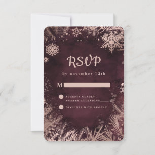 Burgundy with Rose Gold Winter Snowflakes Wedding RSVP Card