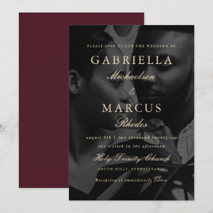 Burgundy with Typography Overlay Photo Wedding Invitation