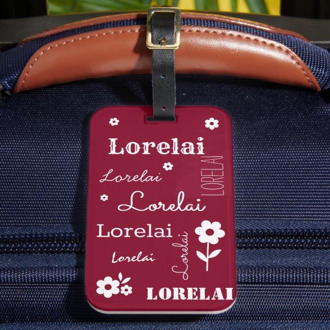 Burgundy with White Flowers, Customized Luggage Tag (Front Insitu 2)