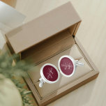 Burgundy with White Stylized Monogram Cufflinks<br><div class="desc">A pair of sterling silver plated, round cufflinks for the fashionable man to match his outfit that feature a trendy, burgundy colour along with his name printed in white, upper case letters and superimposed with white, stylized initials. Personalize your cufflinks by editing and replacing name and initials as desired. A...</div>