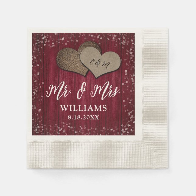 Burgundy Wood Burlap Hearts Mr. & Mrs. Wedding Napkin (Front)
