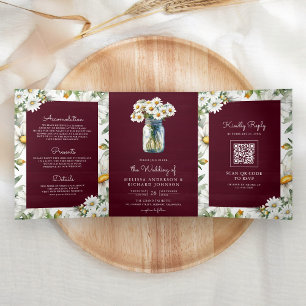 Burgundy Wood Daisies Mason Jar QR Code Wedding Tri-Fold Invitation