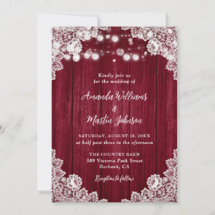 Burgundy Wood Lace Romantic Rustic Wedding Invitation