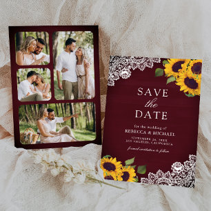 Burgundy Wood Lace Sunflower Wedding Photo Save The Date
