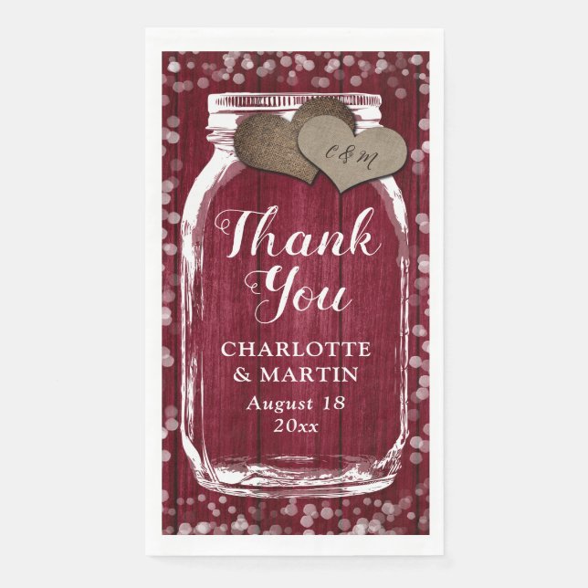 Burgundy Wood Mason Jar Fall Wedding Thank You Napkin (Front)