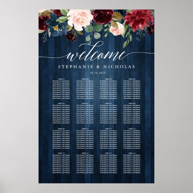 Burgundy wood rustic greenery script seating chart (Front)
