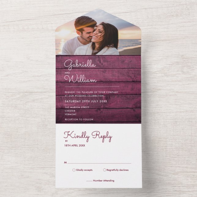 Burgundy Wood String Lights Photo Wedding All In One Invitation (Inside)