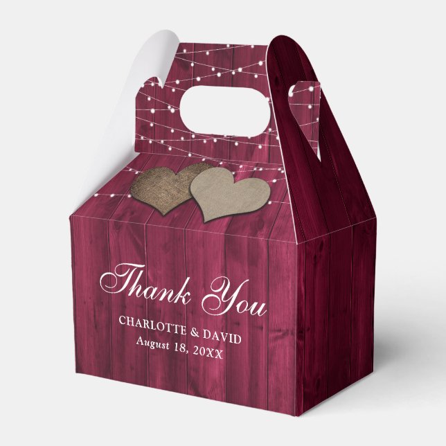 Burgundy Wood String Lights Wedding Thank You Favor Box (Front Side)