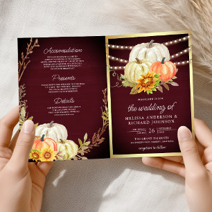 Burgundy Wood Sunflower Pumpkin QR Code Wedding Invitation