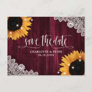 Burgundy Wood Sunflower Wedding Save The Date Postcard