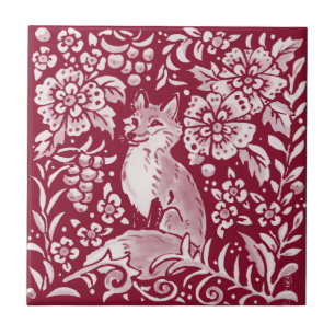 Burgundy Woodland Fox Forest Animal Floral Tile