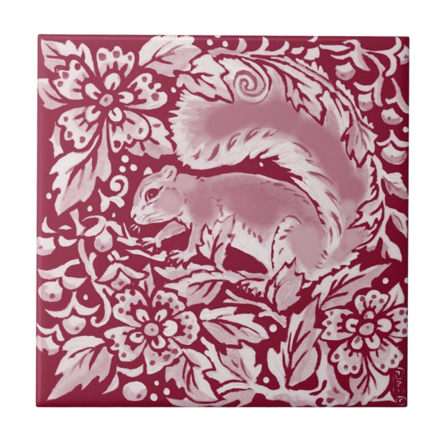 Burgundy Woodland Squirrel Forest Animal Floral   Tile (Front)