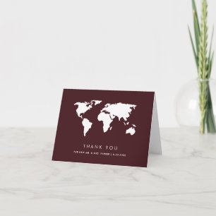 Burgundy World Map   Elegant Travel Theme Wedding Thank You Card