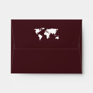 Burgundy World Map   Elegant Travel Wedding RSVP Envelope