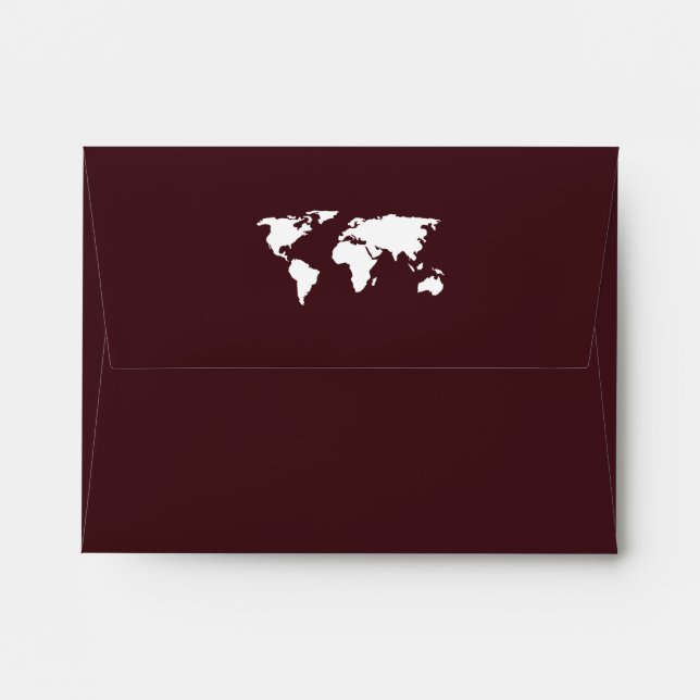 Burgundy World Map | Elegant Travel Wedding RSVP Envelope (Back (Top Flap))