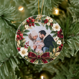Burgundy Wreath family photo Ceramic Ornament