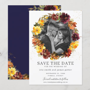 Burgundy Yellow Floral Photo Save the Date Card