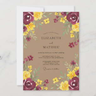 Burgundy Yellow Floral Romance Wedding Invitation
