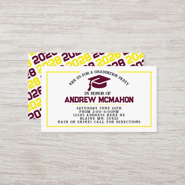 Burgundy Yellow Graduation Announcement Insert (Burgundy, White & Yellow Mini Graduation Invites for Friends, Team Mates or as Inserts!)