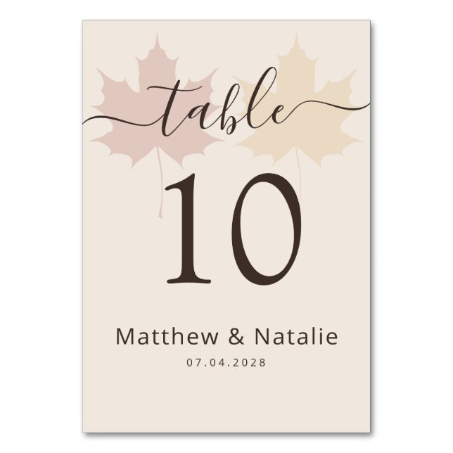 Burgundy Yellow Maple Leaf Wedding Boho Decor Table Number (Front)