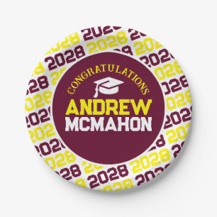 Burgundy & Yellow on White Graduation Personalized Paper Plate