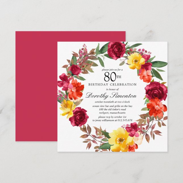 Burgundy Yellow Orange Floral 80th Birthday Invitation (Front/Back)