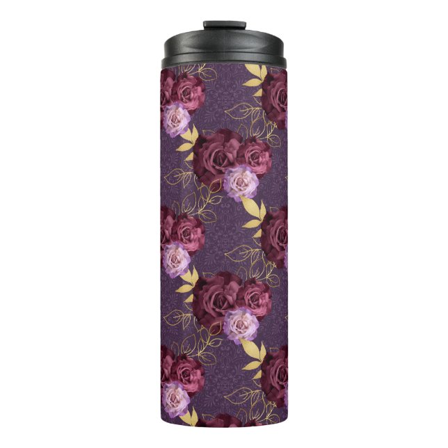 BURGUNGY AND PINK WATERCOLOR FLOWERS THERMAL TUMBLER (Front)