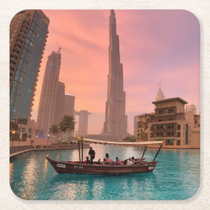 Burj Khalifa Boat Lake Cityscape Square Paper Coaster