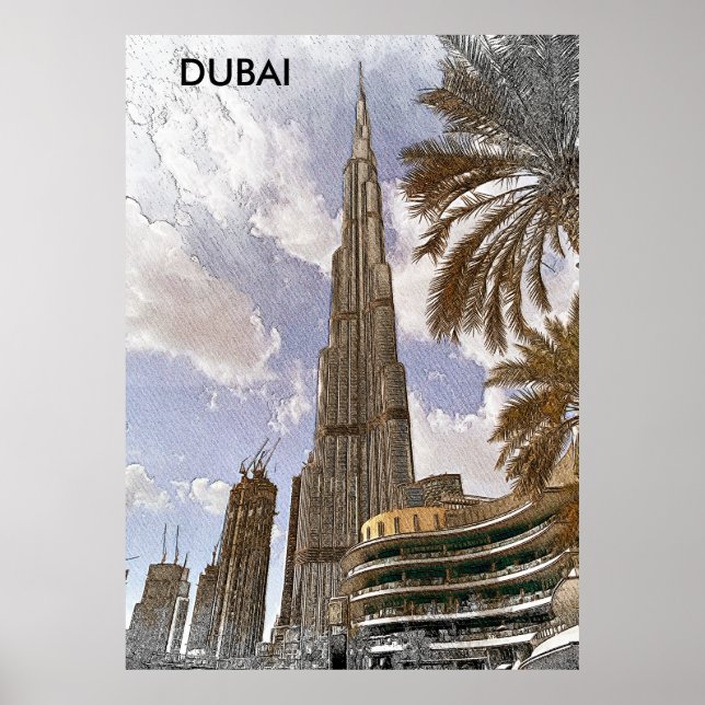 Burj Khalifa Dubai Vintage Travel Skyline Poster (Front)