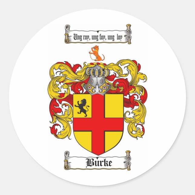 BURKE FAMILY CREST -  BURKE COAT OF ARMS CLASSIC ROUND STICKER (Front)
