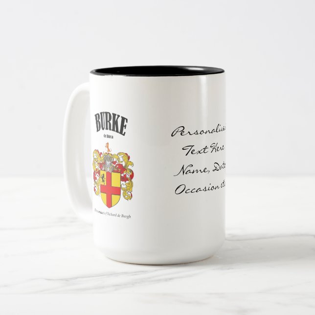 Burke Family Crest, Translation & Meaning Two-Tone Coffee Mug (Front Left)
