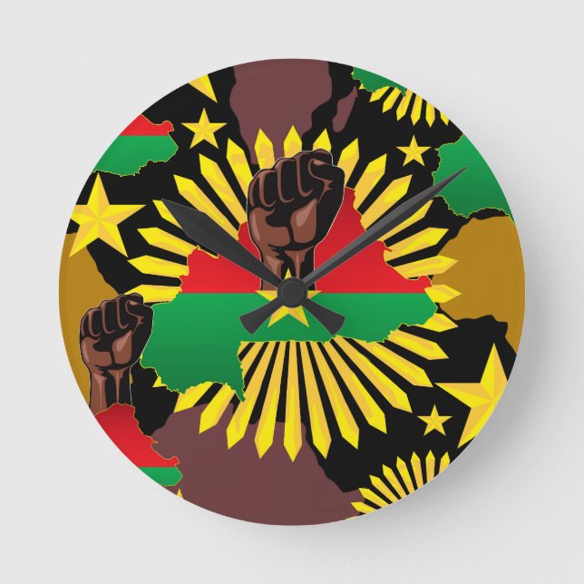 Burkina Faso Map, Flag and Revolution Fist Round Clock (Front)