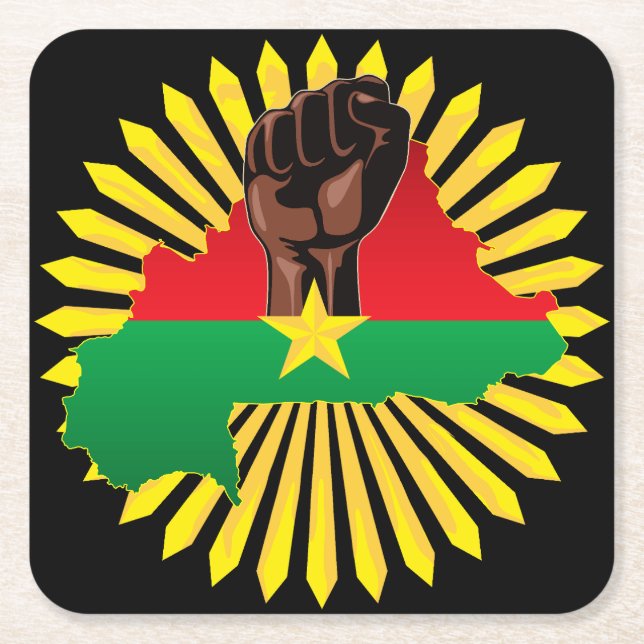 Burkina Faso Map, Flag and Revolution Fist Square Paper Coaster (Front)