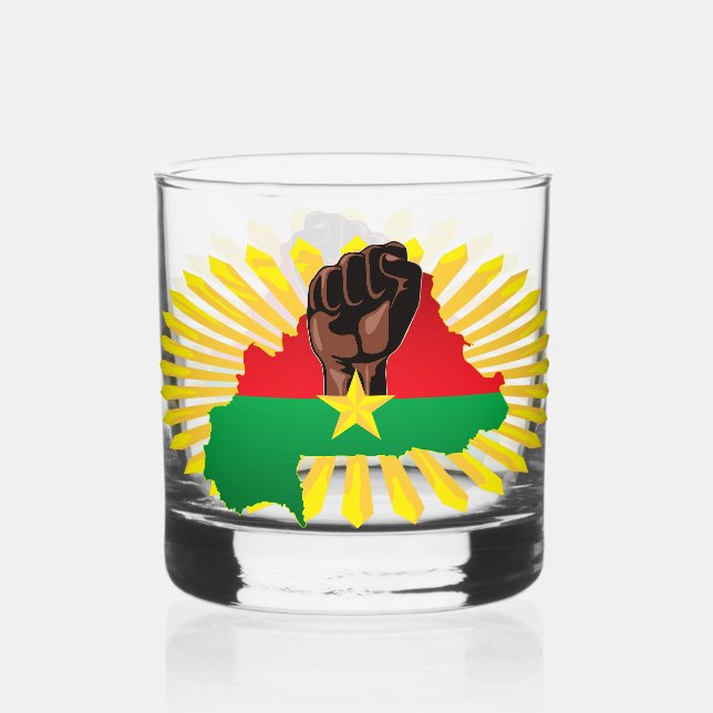 Burkina Faso Map, Flag and Revolution Fist Whiskey Glass (Front)