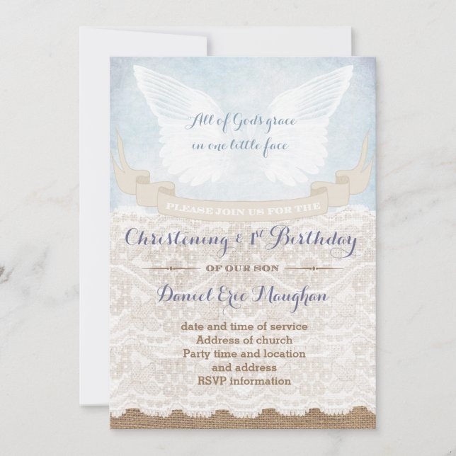 Burlap 1st Birthday and Christening Party for boy Invitation (Front)