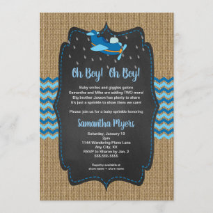 Burlap Airplanes Twin Boys baby sprinkle invite