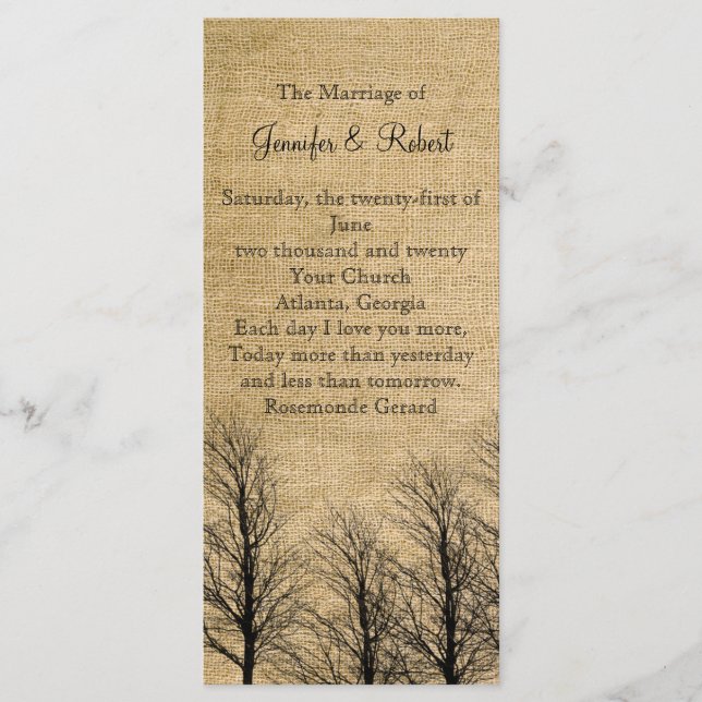 Burlap and Birch Posh Wedding Program (Front)