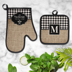 Burlap and Black Buffalo Check Personalized Oven Mitt & Pot Holder Set