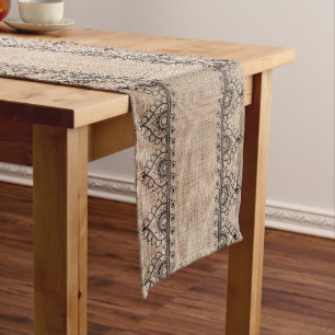 Burlap and black lace Print Long Table Runner