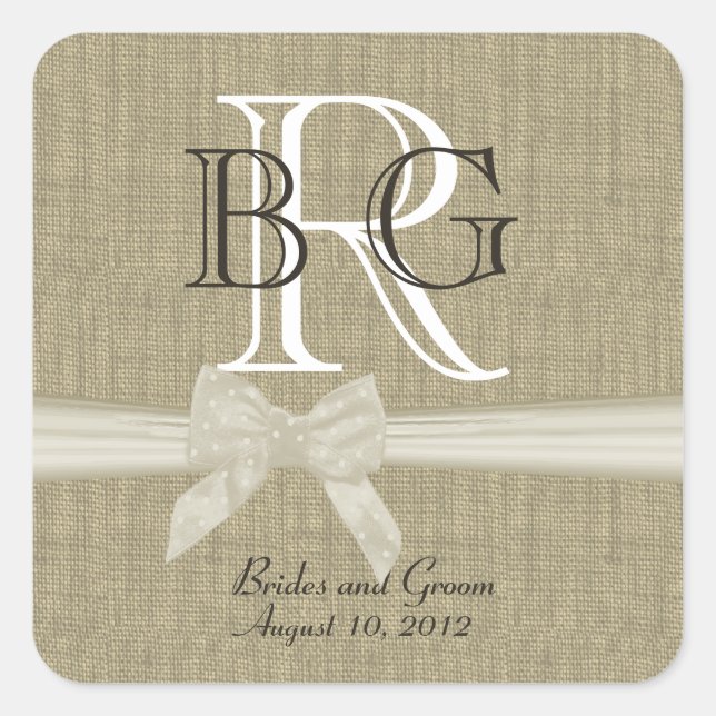 Burlap and Bow Monogram Square Sticker (Front)