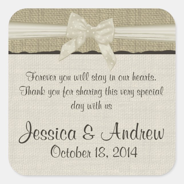 Burlap and Bow Rustic Country Square Sticker (Front)