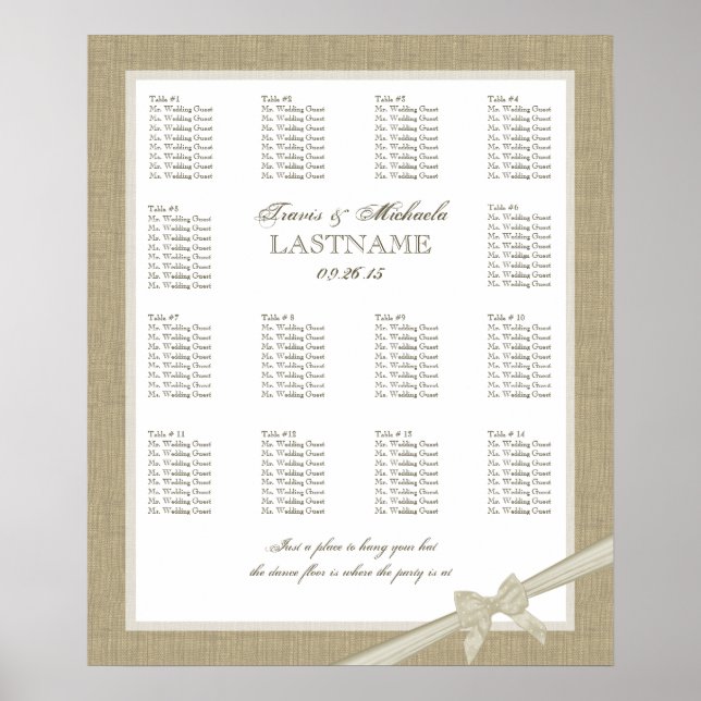Burlap and Bow Wedding Seating Chart (Front)
