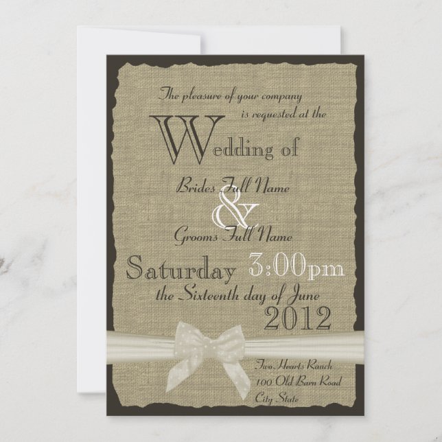 Burlap and Bows 5x7 Rustic Wedding Invitation (Front)